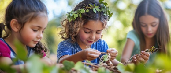 Kids involved in outdoor art classes using natural materials like twigs and leaves to create masterpieces in a tranquil park setting
