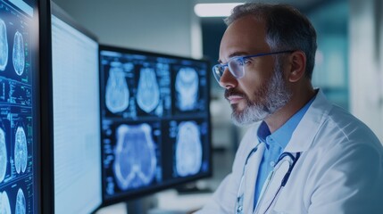 Medical professional examining a patient with advanced diagnostic tools in a high-tech, clinical setting that highlights precision and care