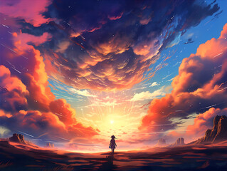 Fototapeta premium A lone figure stands on the plains gazing at a dramatic sunset, with vibrant clouds and streaks of light filling the sky in this stunning and evocative landscape scene.