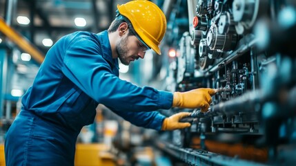 Industrial Precision: A skilled engineer meticulously inspects machinery in a vibrant factory setting, embodying the essence of manufacturing and engineering expertise.