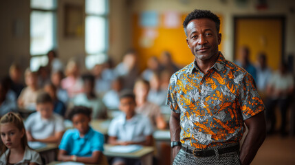 Fototapeta premium A dedicated teacher stands confidently in front of his engaged classroom of young students during a vibrant school day