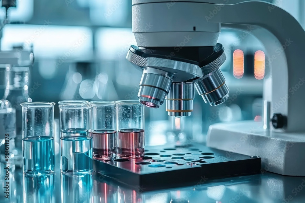 Poster microscope and beaker samples in a laboratory setting