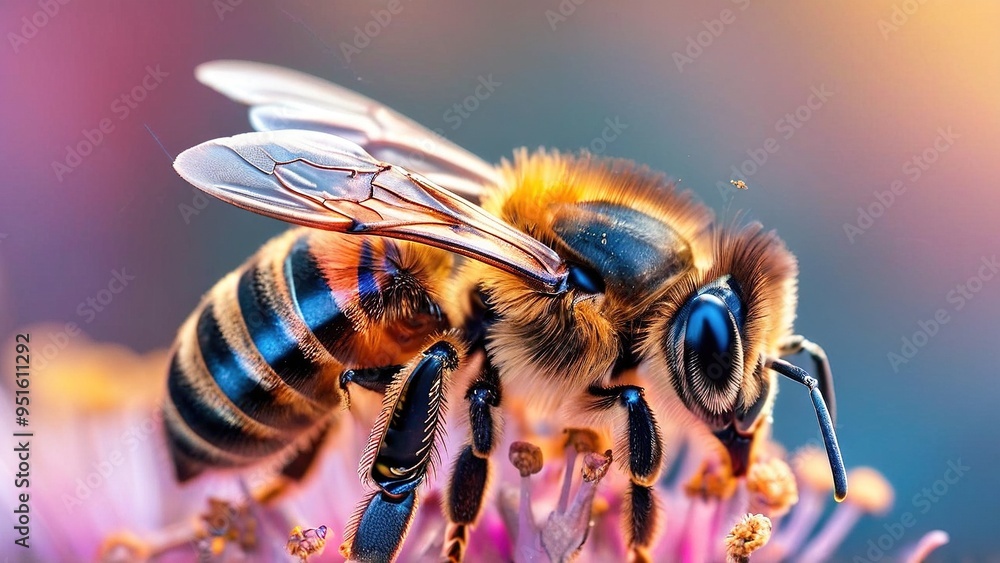 Wall mural A close-up of a honeybee collecting nectar from a pink flower with a colorful background.