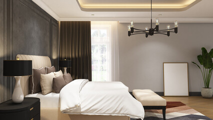 3d render of interior design modern classic bedroom with  window and frame mockup. Wood parquet floor, gray wallpaper panel and white ceiling. Set 22