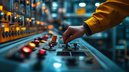 Industrial Control Panel: A close-up of a worker's hand adjusting a lever on a complex control panel, showcasing the intricate details and the vital role of human intervention in industrial automation