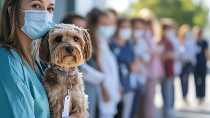 Pet Vaccination Clinic: Veterinarians and Pet Owners in Orderly Line under Clear Skies
