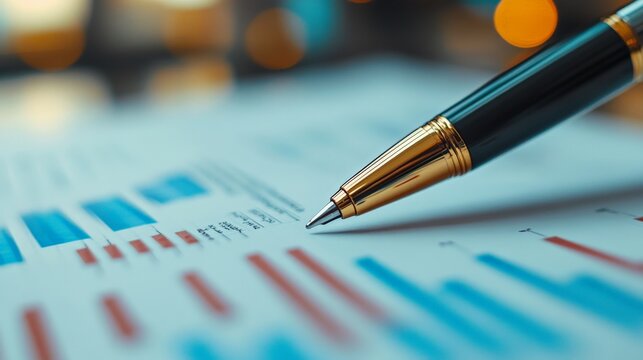Data-Driven Decisions: A sleek pen hovers over a detailed financial report, its golden tip poised to unlock insights from the vibrant graphs and charts.