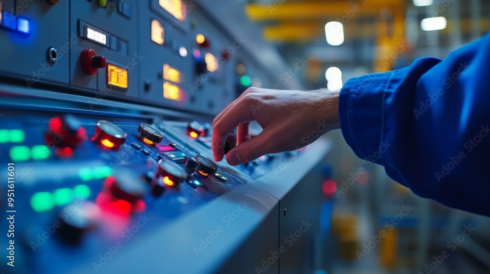 Poster industrial control panel: a close-up of a worker's hand adjusting a control panel in a manufacturing