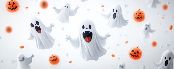Multiple playful ghosts floating against a white background in watercolor style.