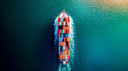 Aerial view of a large loaded cargo container ship. Ai created.