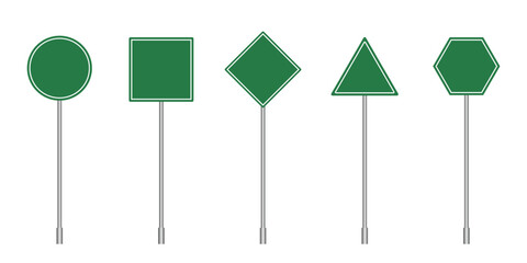 Set of blank green road sign. Empty traffic signs isolated on transparent background. Highway attention roadsign collection. © AdityasStd