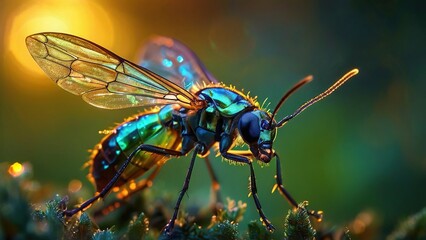 A close-up of a shimmering iridescent wasp with its wings spread, standing on a green leaf with a blurred golden light background.