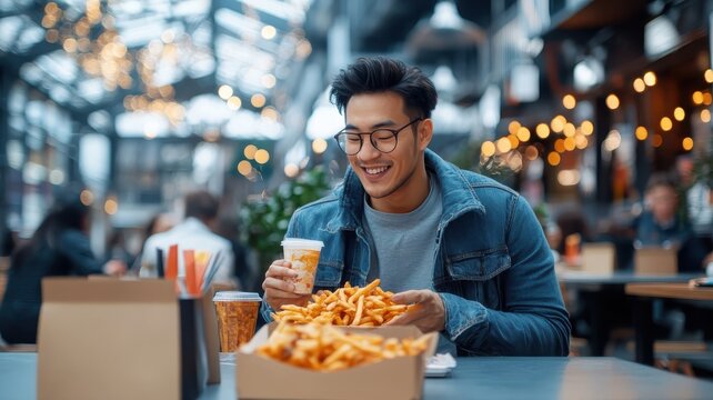 An Asian man munching on perfectly fried french fries at a stylish food court.