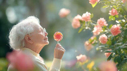 An elderly person reminiscing with a nostalgic lollipop in a serene garden.