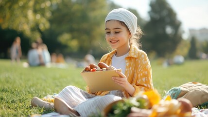 A Muslim woman eating a hot dog at a family picnic in a sunny park.