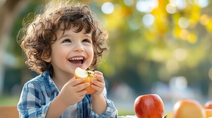 A kid excitedly biting into a juicy apple at a picnic on a sunny day.
