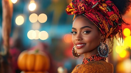 An African woman in an elaborate Halloween outfit, attending a festive party with themed décor.