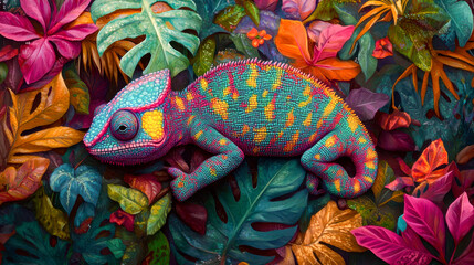 Obraz premium A chameleon is perched on a tree branch, blending in with its surroundings, A chameleon blending seamlessly into its colorful surroundings