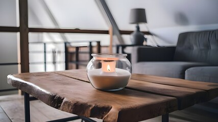 Close up of round glass jar with burning candle on rustic wooden coffee table. Lamp on side table near grey sofa. Minimalist loft home interior design