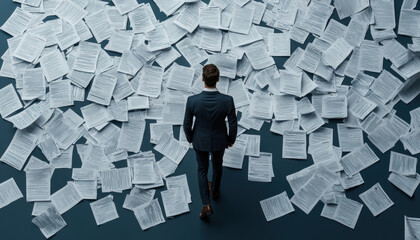 Businessperson walking into a labyrinth of tax forms, depicting tax complexity
