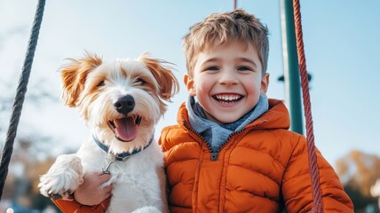 A kid and his playful dog having a fun time at the playground, engaging in joyful activities.