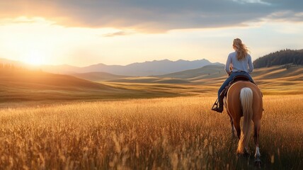 A blonde woman riding a majestic horse through a sunlit meadow, with rolling hills and a serene sky.