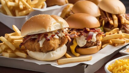 Three sliders with cheese and bacon, pulled pork and a crab cake served on buns, with a side of fries