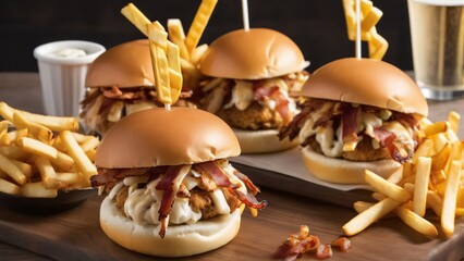 Three sliders with cheese and bacon, pulled pork and a crab cake served on buns, with a side of fries