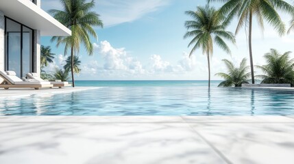 marble tile background with a blurred swimming pool near beach