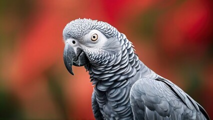 Obraz premium A close-up portrait of a gray parrot with a red blurred background. The parrot is looking directly at the camera with a curious expression.
