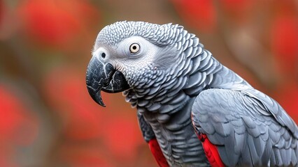 Fototapeta premium A close-up portrait of a grey parrot with a red background. The parrot is looking to the left of the frame.