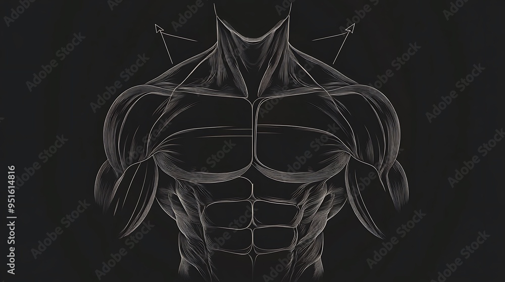 Poster defined muscular chest and shoulders in minimalistic black line art with highlighted arrows | clean 