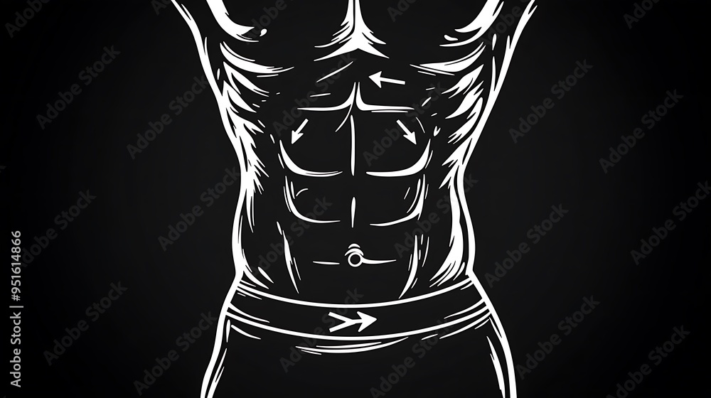 Poster abstract minimalistic black line art of toned abdomen with inward pointing arrows for abs highlighti