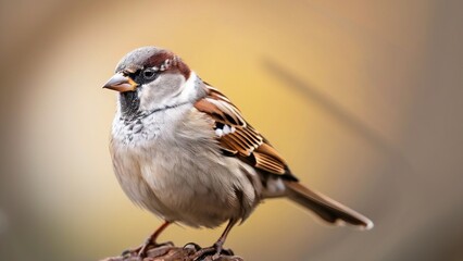 A close-up portrait of a sparrow perched on a branch with a soft blurred background.