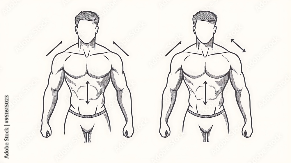 Poster balanced physique concept in minimalistic black line art with arrows for defined waist and shoulders