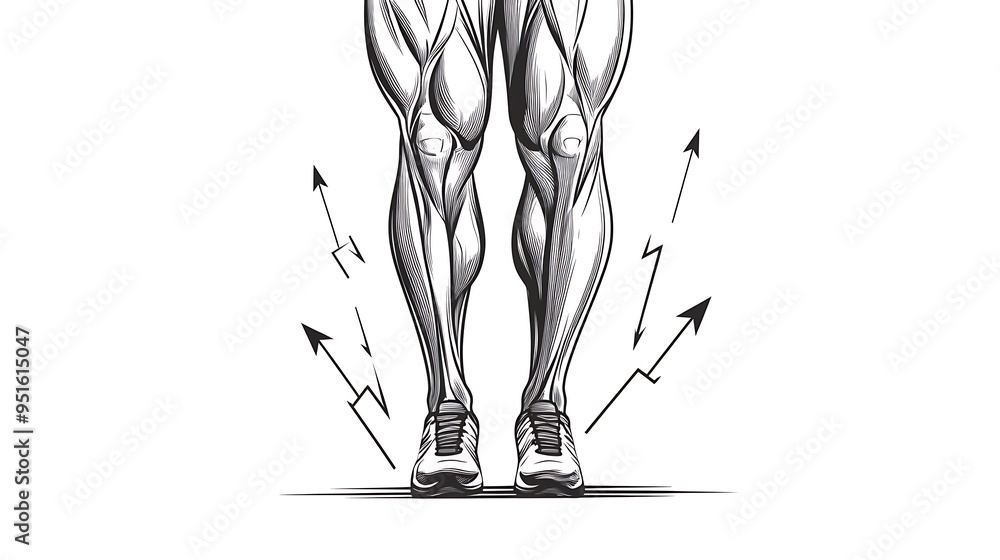 Poster defined calf muscle in minimalistic black line art with outward arrows showing shape - flat vector d