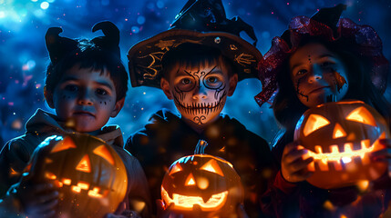 A trio of children wearing creative Halloween costumes stands in a dark area, each holding carved pumpkins that emit a warm glow, surrounded by a magical, festive atmosphere