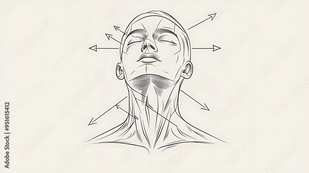 Poster minimalist black line art of neck and shoulders with pointing arrows - simple flat vector design