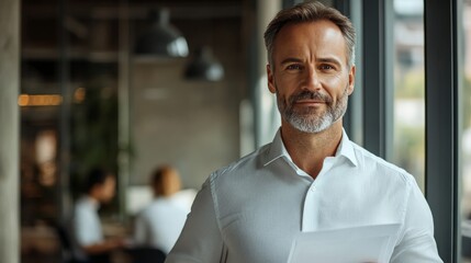 Confident Business Leader: Portrait of a mature businessman with a confident gaze, holding documents in a modern office setting, conveying experience and leadership. 