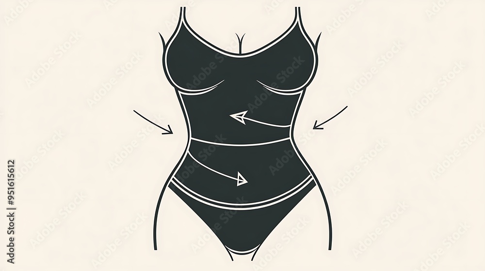 Poster defined waist athletic build minimalistic black line art with arrows in flat vector style