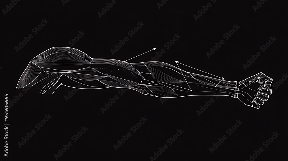 Poster precision in anatomy: minimalistic black line art of sculpted arm with arrows defining muscle streng