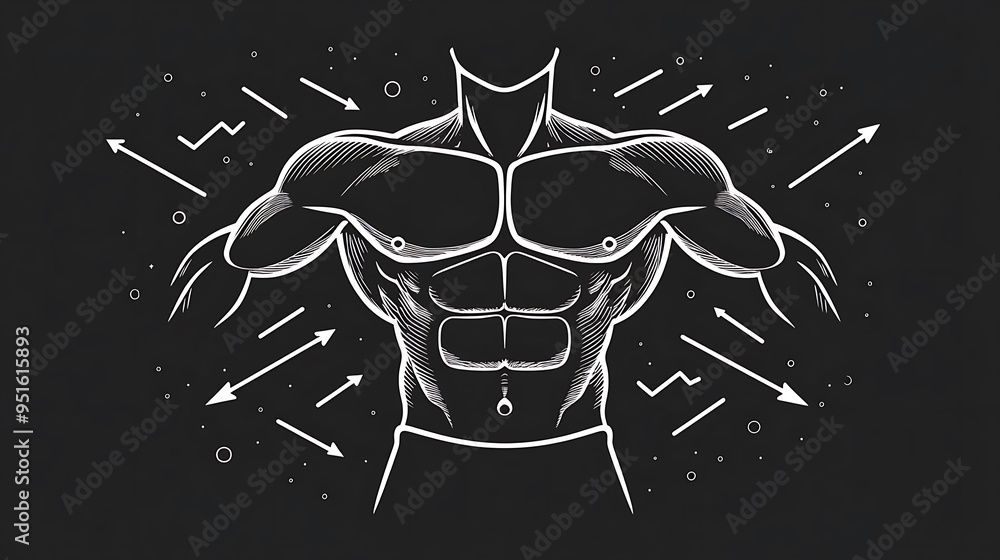 Poster core strength and definition in minimalistic black line art with arrows - flat vector design