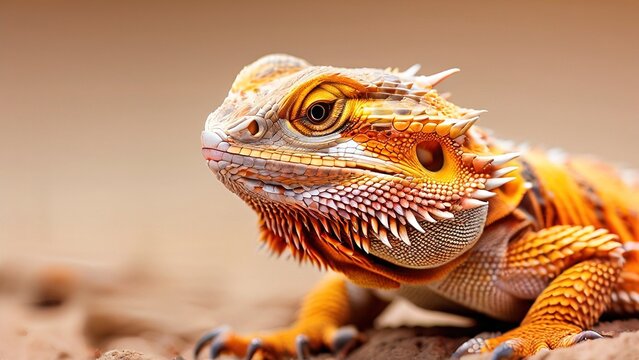 A close-up portrait of an orange and yellow bearded dragon lizard with a spiky frill, looking directly at the camera with intense yellow eyes.