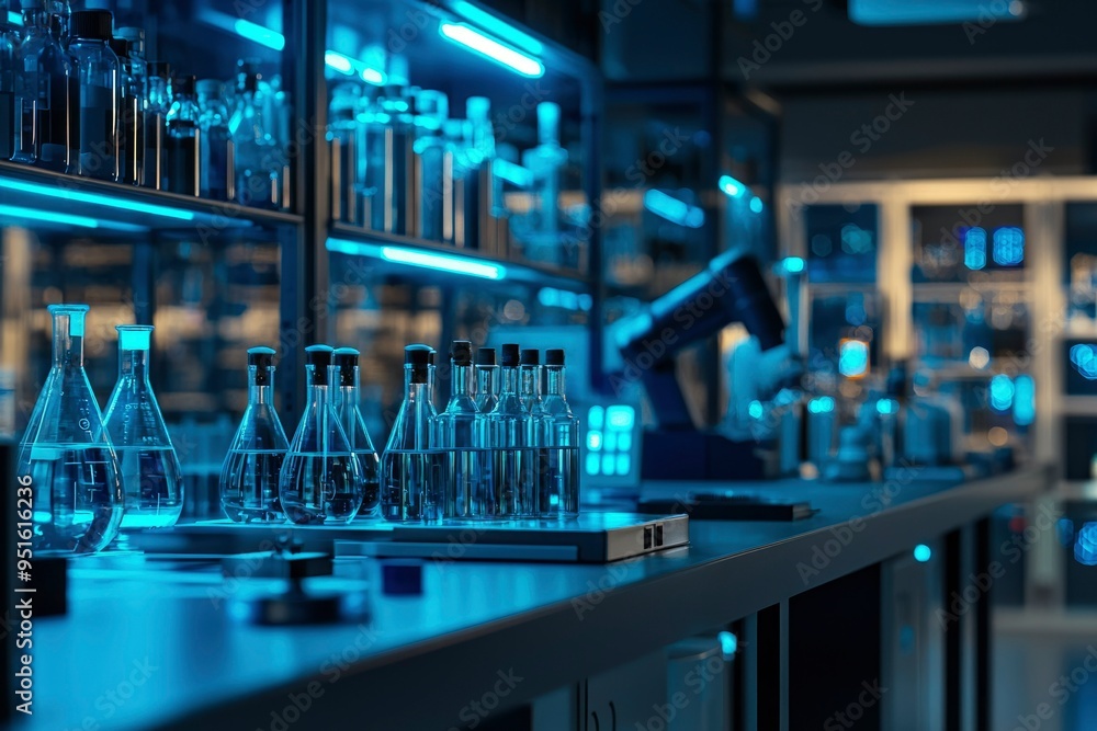 Poster glass flasks and bottles on a countertop in a laboratory
