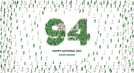 September 23 Happy National Day Saudi Arabia Design. A large group of people form to create the number 94 as KSA celebrates its 94th National Day on the 23rd of September.