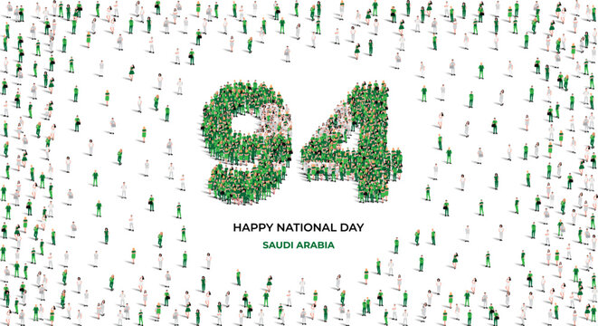 September 23 Happy National Day Saudi Arabia Design. A large group of people form to create the number 94 as KSA celebrates its 94th National Day on the 23rd of September.