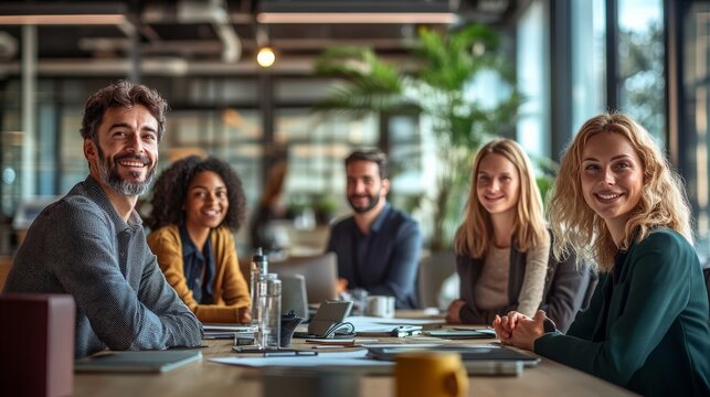 Diverse Team Collaboration: A diverse group of professionals smiles confidently, showcasing a dynamic and inclusive office environment. This image evokes a sense of unity, collaboration, and success. 