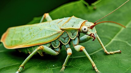 Fototapeta premium A close-up view of a vibrant green katydid perched on a leafy green surface. Its large, prominent eyes and intricate body patterns are visible.