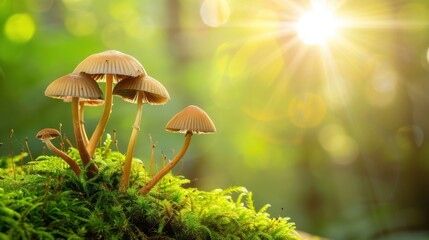 Fototapeta premium A cluster of mushrooms basking in sunlight on a bed of moss.