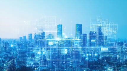 Obraz premium Futuristic cityscape with digital blueprints overlay